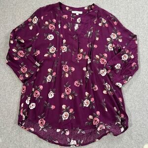 Monday Fun Purple Floral Peasant Blouse Women's Small V-Neck 3/4 Sleeve